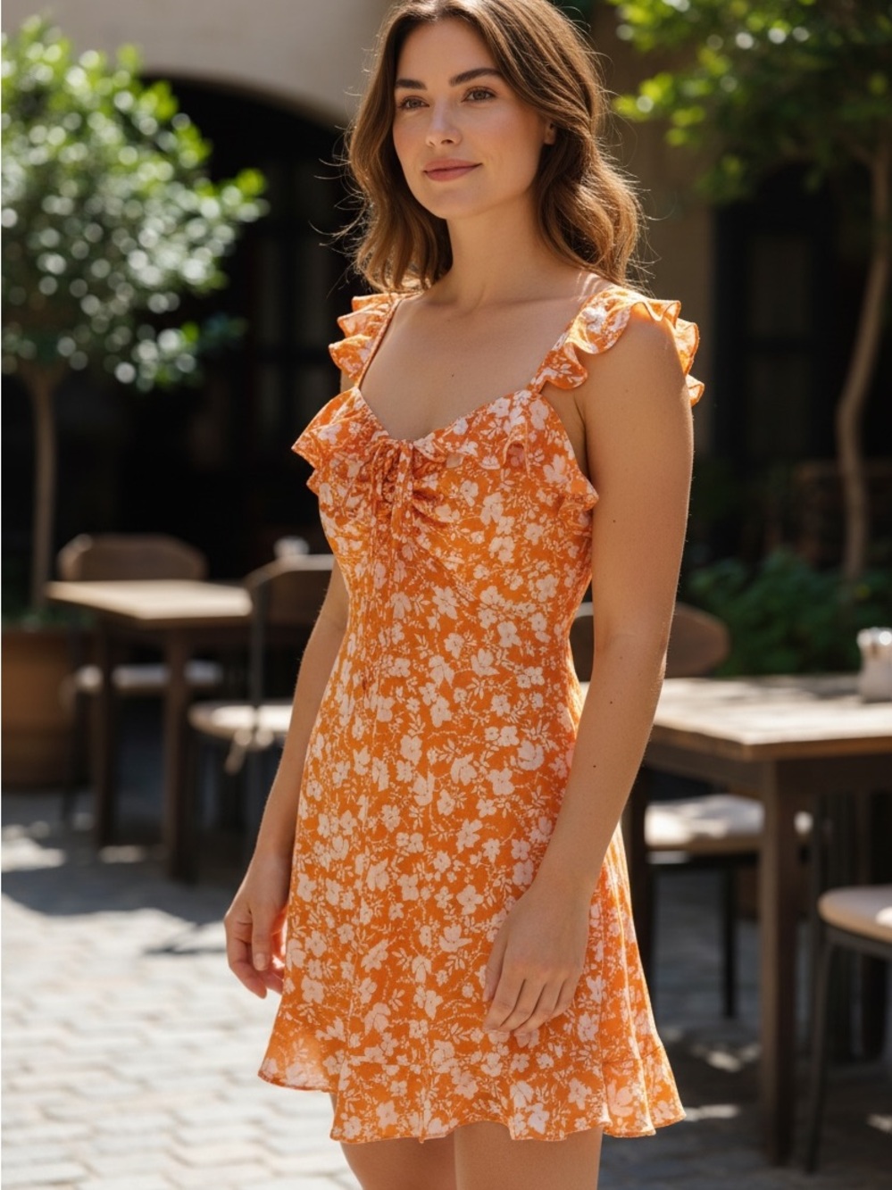 Lady Voxy Orange & White floral mini dress ruffle trim, adjustable straps